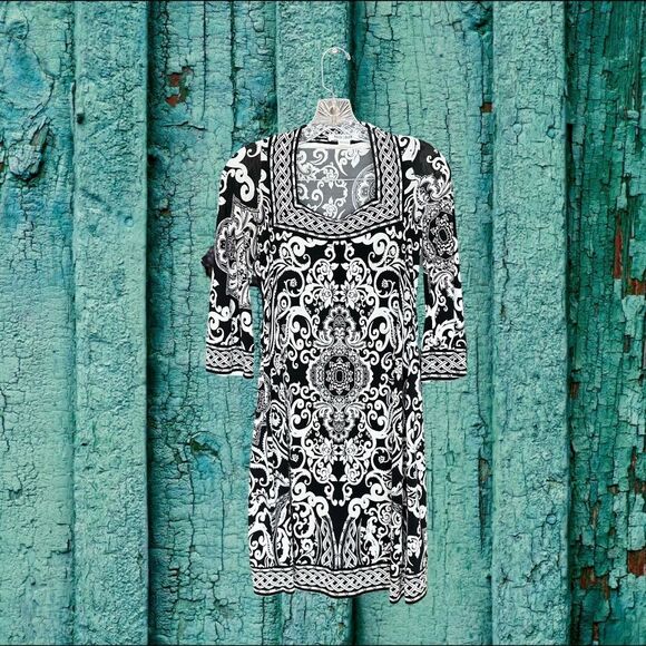 WHBM Black & White 3/4 Sleeve Square Neck Lightweight Pattern Midi-Knee Size XS - Picture 10 of 12